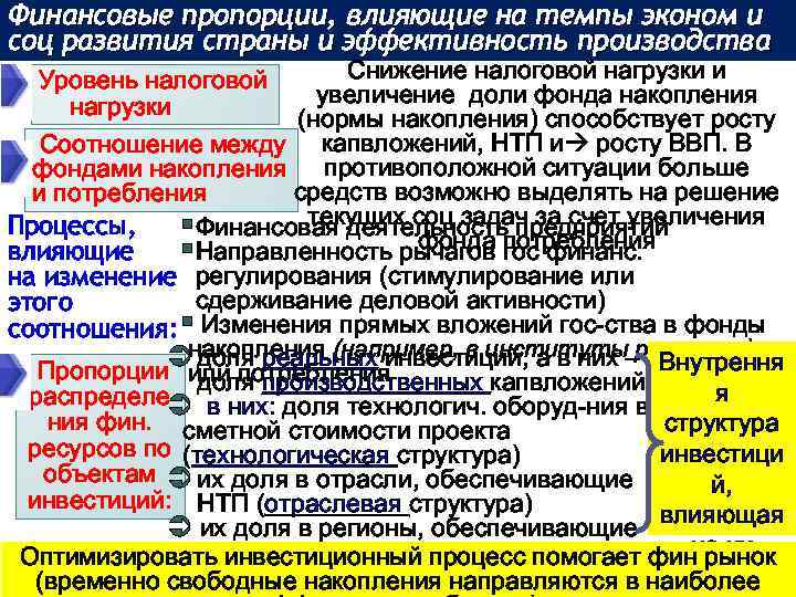 Финансовые пропорции, влияющие на темпы эконом и соц развития страны и эффективность производства Снижение