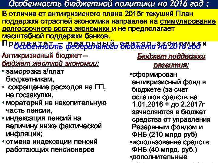 Особенность бюджетной политики на 2016 год : В отличие от антикризисного плана 2015 г
