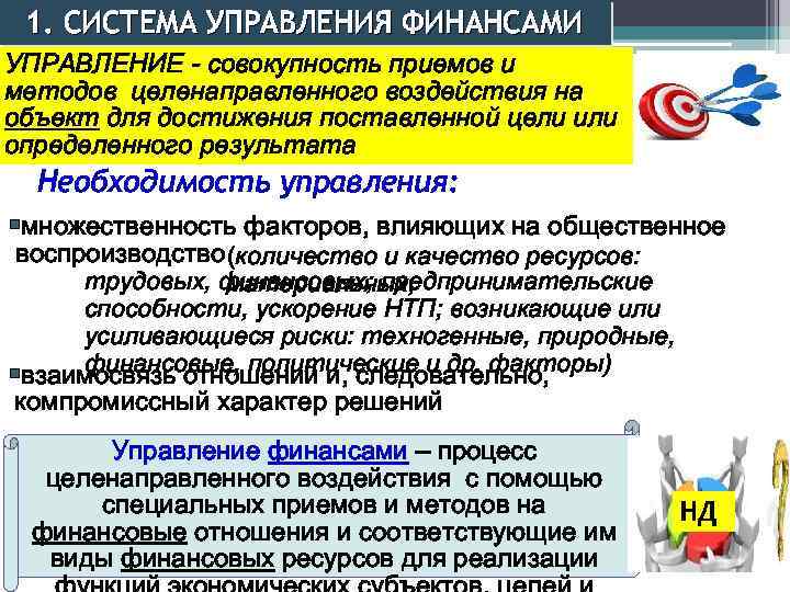 1. СИСТЕМА УПРАВЛЕНИЯ ФИНАНСАМИ УПРАВЛЕНИЕ - совокупность приемов и методов целенаправленного воздействия на объект