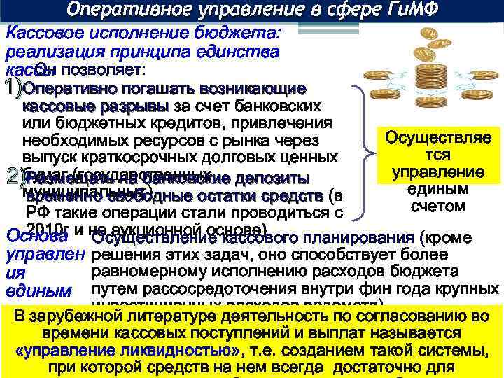 Оперативное управление в сфере Ги. МФ Кассовое исполнение бюджета: реализация принципа единства Он кассы