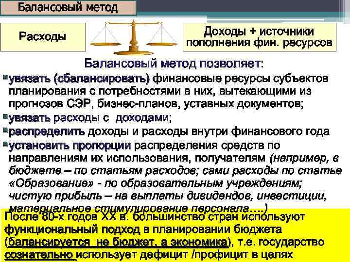 Балансовый метод Расходы Доходы + источники пополнения фин. ресурсов Балансовый метод позволяет: §увязать (сбалансировать)