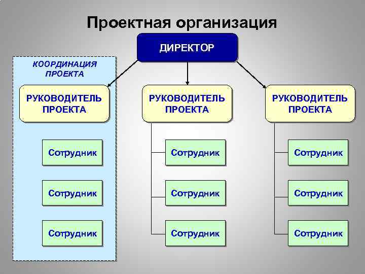 Проектная организация ДИРЕКТОР КООРДИНАЦИЯ ПРОЕКТА РУКОВОДИТЕЛЬ ПРОЕКТА Сотрудник Сотрудник Сотрудник 