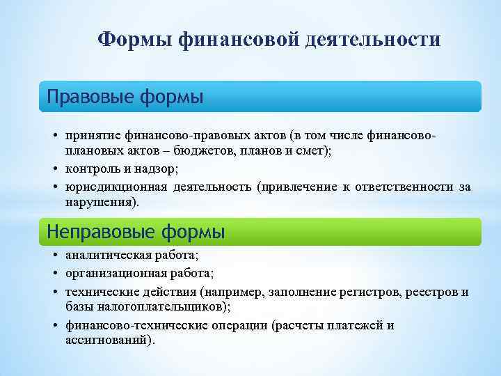 Формы финансовой деятельности Правовые формы • принятие финансово-правовых актов (в том числе финансовоплановых актов