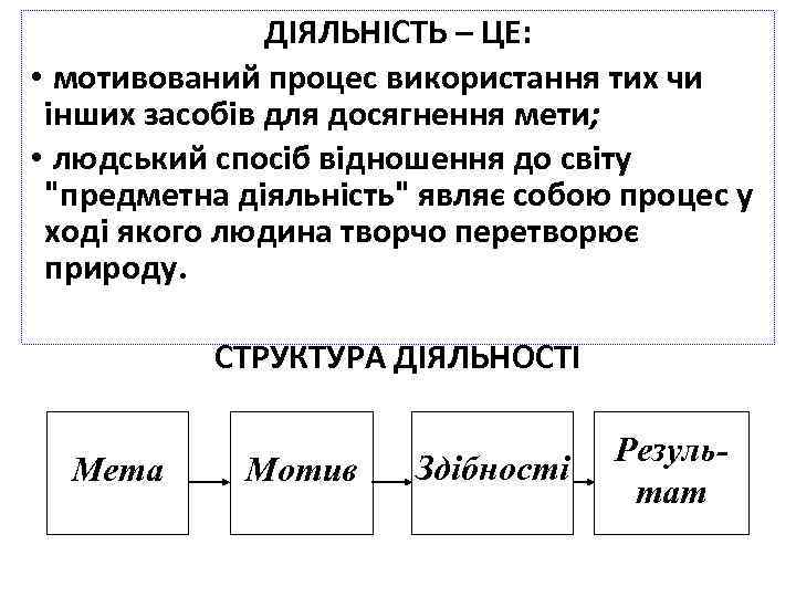 ДІЯЛЬНІСТЬ – ЦЕ: Структура діяльності • мотивований процес використання тих чи інших засобів для