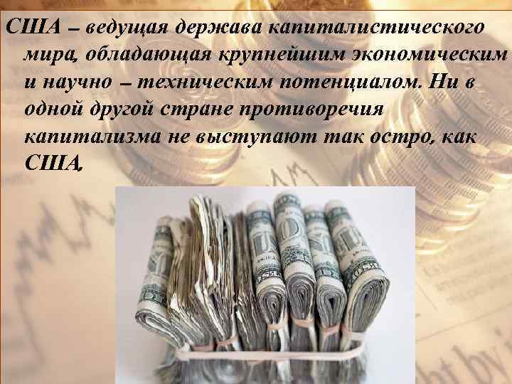 США – ведущая держава капиталистического мира, обладающая крупнейшим экономическим и научно – техническим потенциалом.