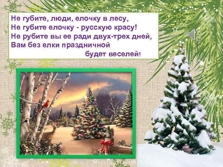 Не губите, люди, елочку в лесу, Не губите елочку - русскую красу! Не рубите