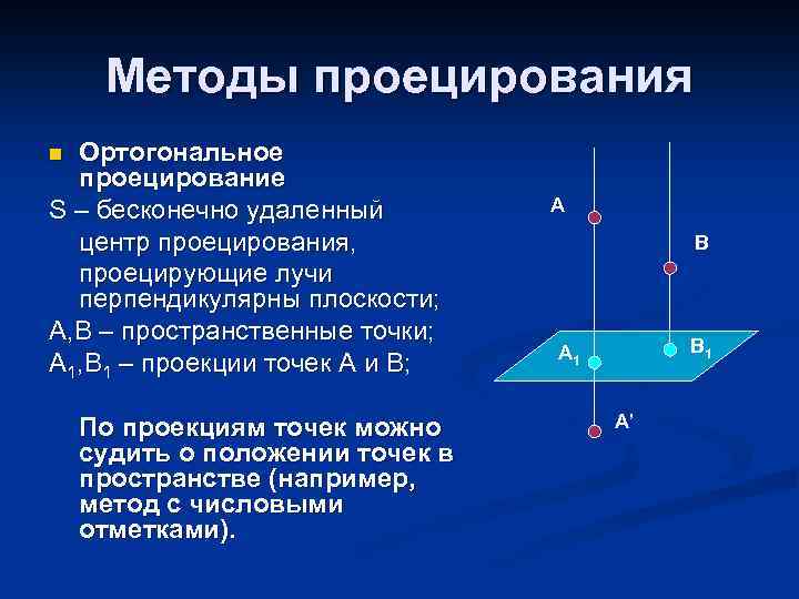 Методы проецирования Ортогональное проецирование S – бесконечно удаленный центр проецирования, проецирующие лучи перпендикулярны плоскости;