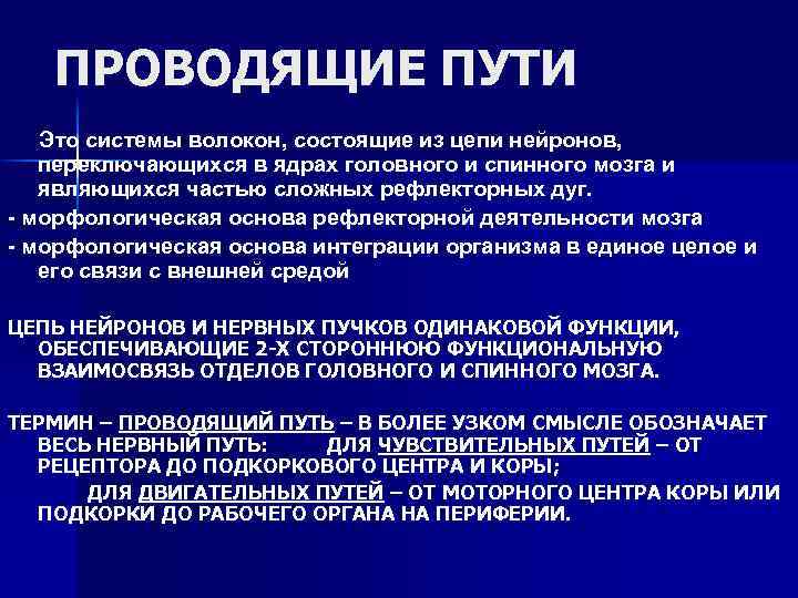 ПРОВОДЯЩИЕ ПУТИ Это системы волокон, состоящие из цепи нейронов, переключающихся в ядрах головного и