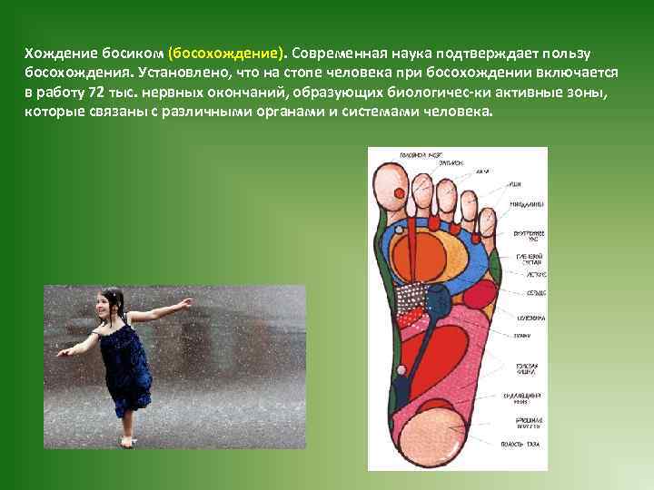 Хождение босиком (босохождение). Современная наука подтверждает пользу босохождения. Установлено, что на стопе человека при