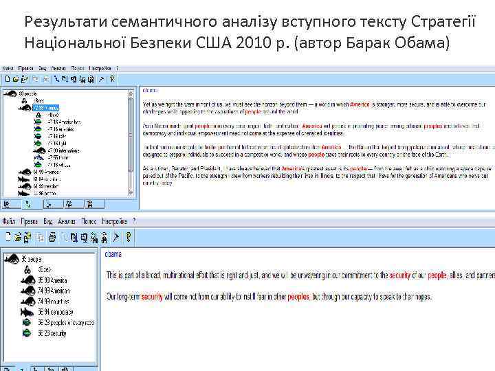 Результати семантичного аналізу вступного тексту Стратегії Національної Безпеки США 2010 р. (автор Барак Обама)