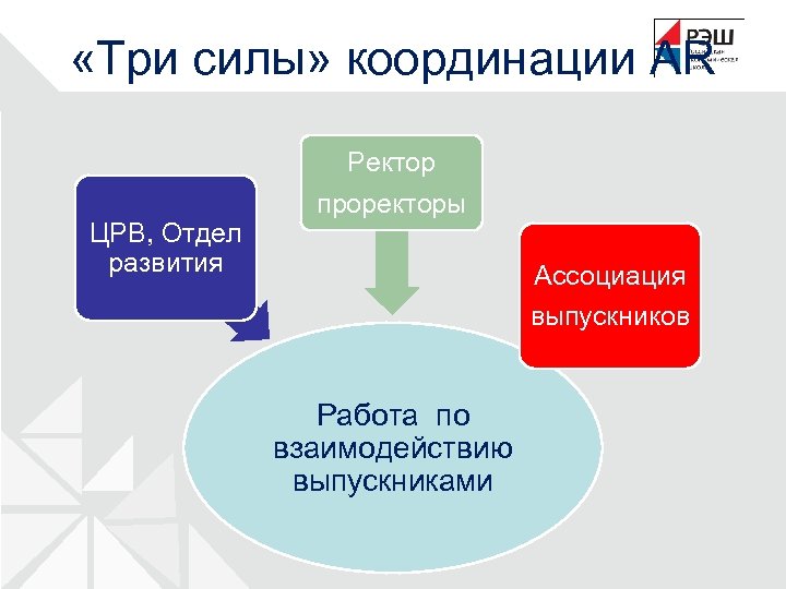  «Три силы» координации AR Ректор ЦРВ, Отдел развития проректоры Ассоциация выпускников Работа по