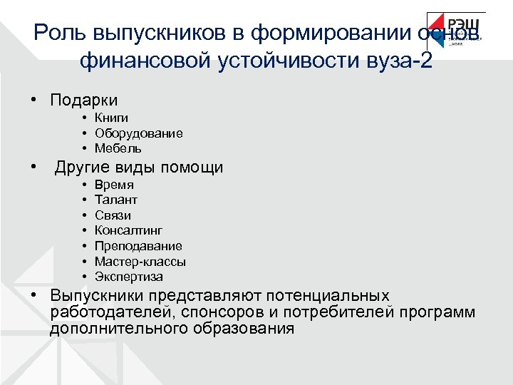 Роль выпускников в формировании основ финансовой устойчивости вуза-2 • Подарки • Книги • Оборудование