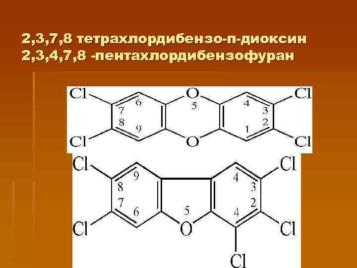 2, 3, 7, 8 тетрахлордибензо-п-диоксин 2, 3, 4, 7, 8 -пентахлордибензофуран 