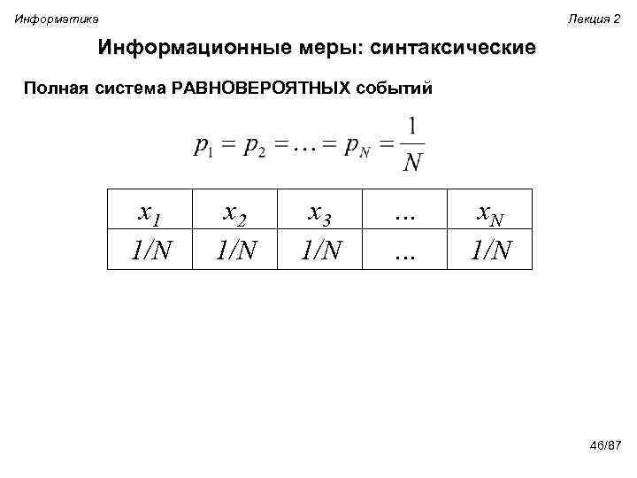 Информатика Лекция 2 Информационные меры: синтаксические Полная система РАВНОВЕРОЯТНЫХ событий x 1 1/N x