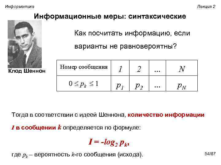 Информатика Лекция 2 Информационные меры: синтаксические Как посчитать информацию, если варианты не равновероятны? Номер