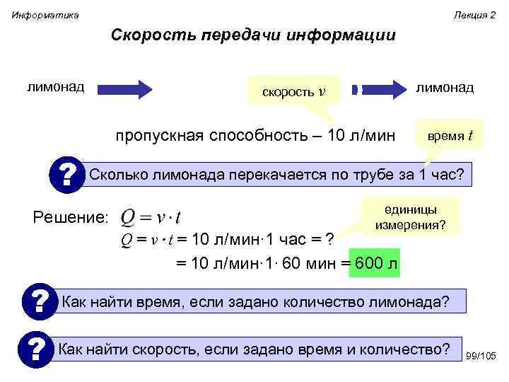 Информатика Лекция 2 Скорость передачи информации лимонад скорость v пропускная способность – 10 л/мин