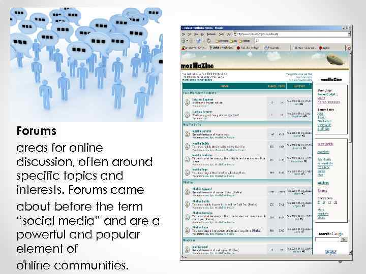 Forums areas for online discussion, often around specific topics and interests. Forums came about