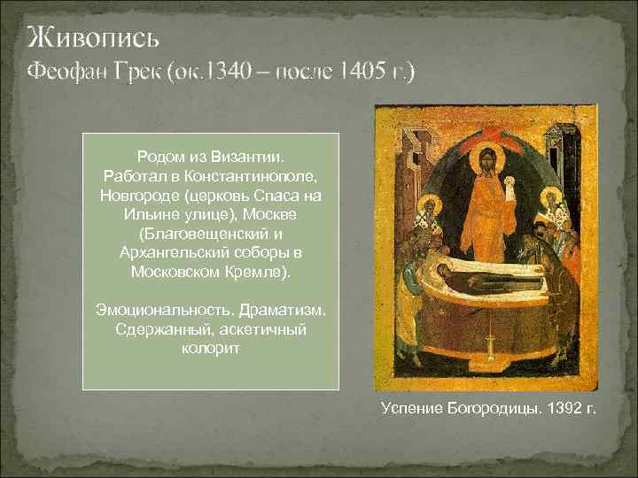 Живопись Феофан Грек (ок. 1340 – после 1405 г. ) Родом из Византии. Работал