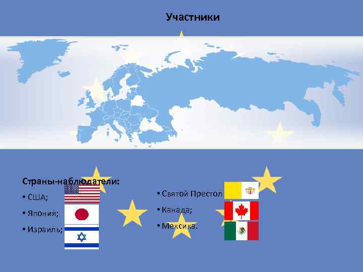 Участники Страны-наблюдатели: • США; • Святой Престол • Япония; • Канада; • Израиль; •