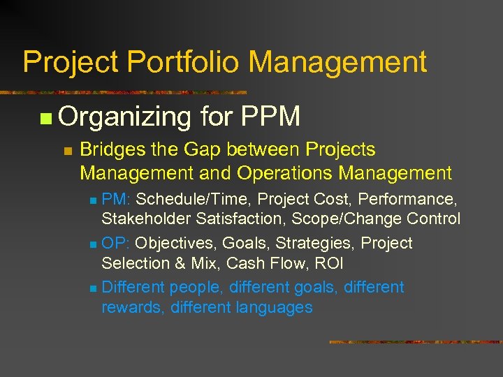 Project Portfolio Management n Organizing n for PPM Bridges the Gap between Projects Management