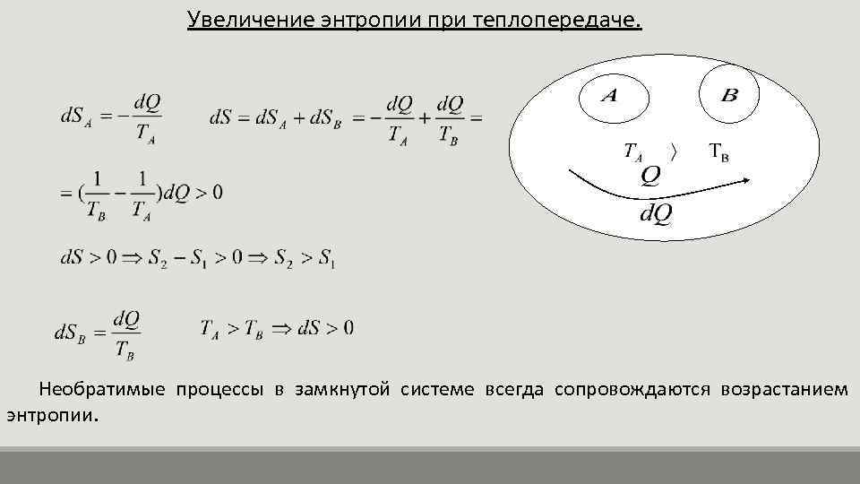 Увеличение энтропии при теплопередаче. Необратимые процессы в замкнутой системе всегда сопровождаются возрастанием энтропии. 