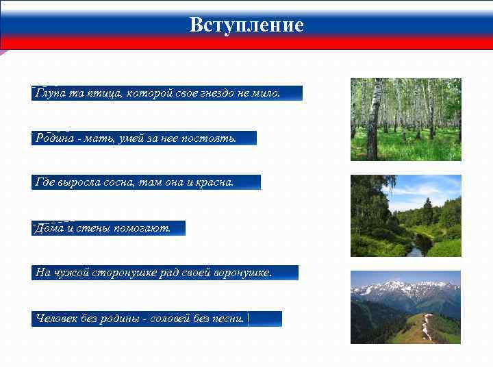 Вступление Глупа та птица, которой свое гнездо не мило. Родина - мать, умей за