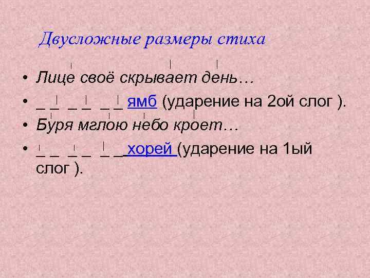 Двусложные размеры стиха • • Лице своё скрывает день… _ _ _ ямб (ударение