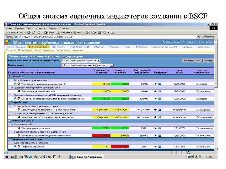 Общая система оценочных индикаторов компании в BSCF 