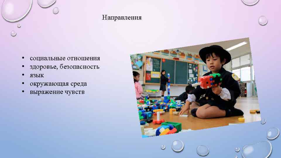 Направления • • • социальные отношения здоровье, безопасность язык окружающая среда выражение чувств 