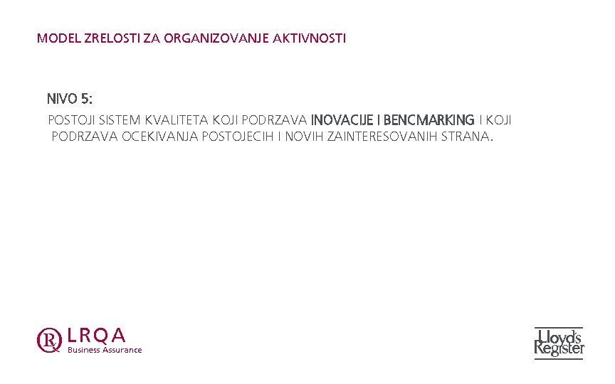 MODEL ZRELOSTI ZA ORGANIZOVANJE AKTIVNOSTI NIVO 5: POSTOJI SISTEM KVALITETA KOJI PODRZAVA INOVACIJE I