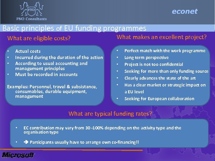 Basic principles of EU funding programmes What are eligible costs? • • Actual costs
