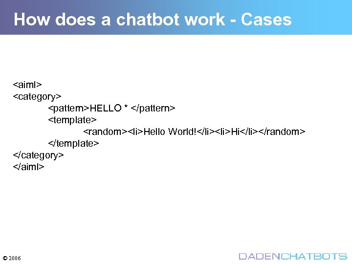 How does a chatbot work - Cases <aiml> <category> <pattern>HELLO * </pattern> <template> <random><li>Hello