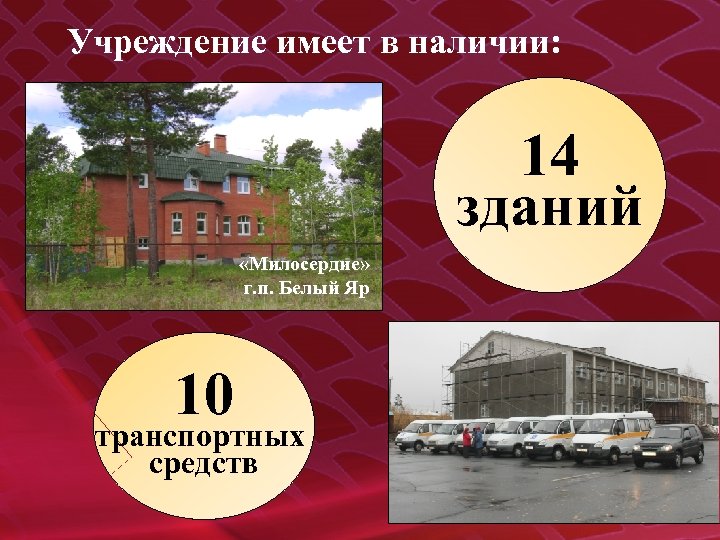Учреждение имеет в наличии: 14 зданий «Милосердие» г. п. Белый Яр 10 транспортных средств