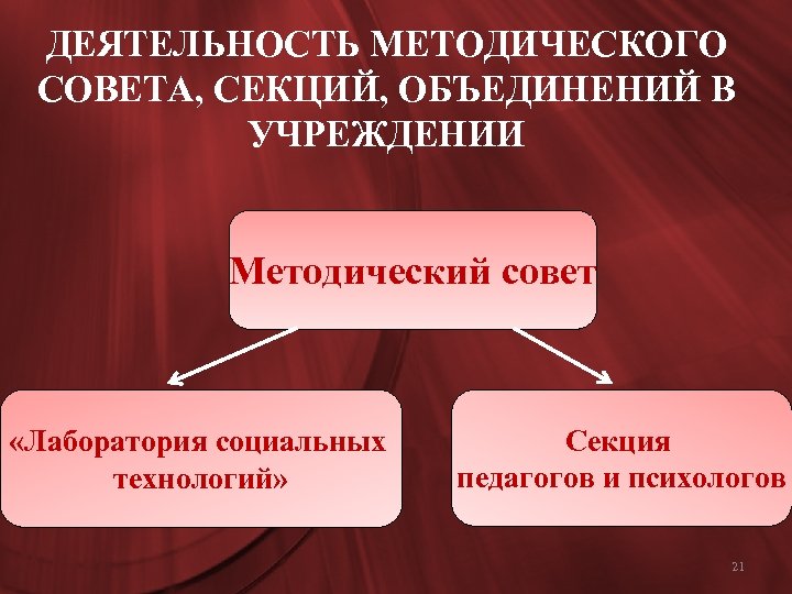 ДЕЯТЕЛЬНОСТЬ МЕТОДИЧЕСКОГО СОВЕТА, СЕКЦИЙ, ОБЪЕДИНЕНИЙ В УЧРЕЖДЕНИИ Методический совет «Лаборатория социальных технологий» Секция педагогов