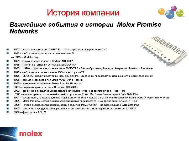История компании Важнейшие события в истории Molex Premise Networks 1977 - основание компании DARLABS