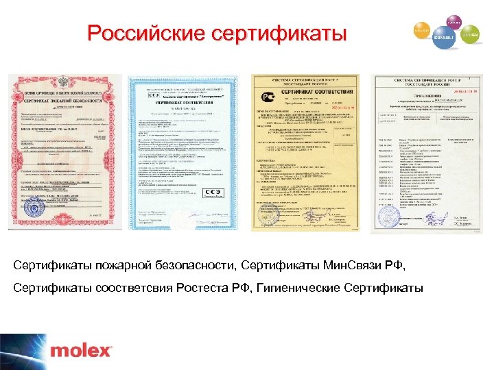 Российские сертификаты Сертификаты пожарной безопасности, Сертификаты Мин. Связи РФ, Сертификаты соостветсвия Ростеста РФ, Гигиенические