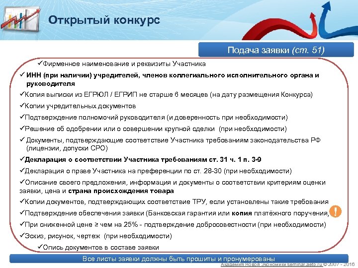 Открытый конкурс Подача заявки (ст. 51) üФирменное наименование и реквизиты Участника ü ИНН (при