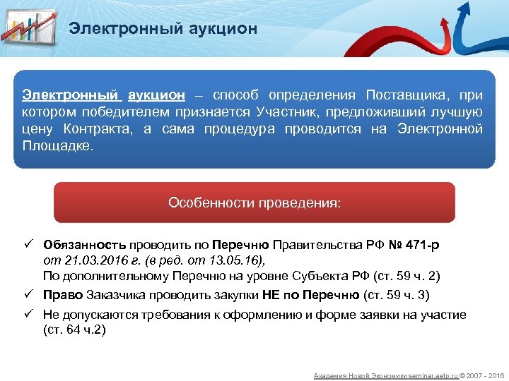 Электронный аукцион – способ определения Поставщика, при котором победителем признается Участник, предложивший лучшую цену