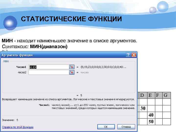 СТАТИСТИЧЕСКИЕ ФУНКЦИИ МИН - находит наименьшее значение в списке аргументов. Синтаксис: МИН(диапазон) В диапазоне