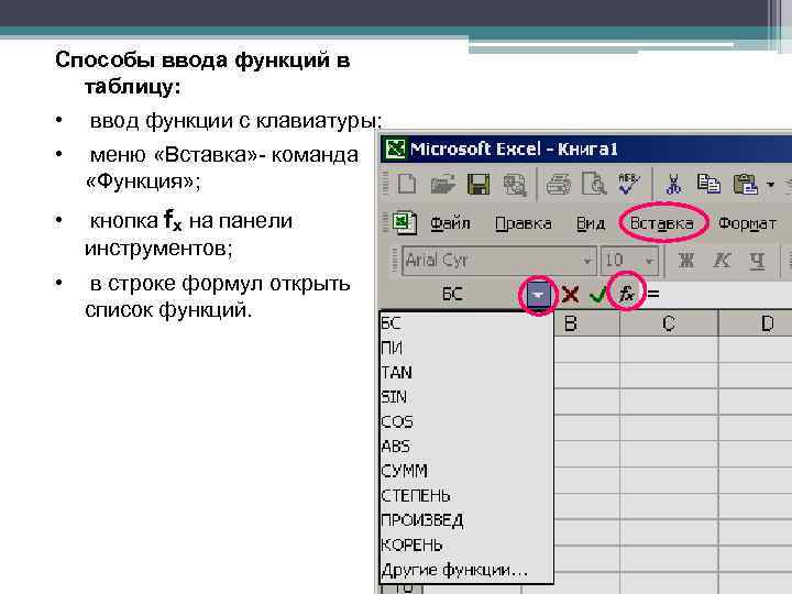 Способы ввода функций в таблицу: • ввод функции с клавиатуры; • меню «Вставка» -
