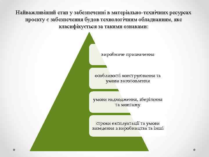 Найважливіший етап у забезпеченні в матеріально-технічних ресурсах проекту є забезпечення будов технологічним обладнанням, яке