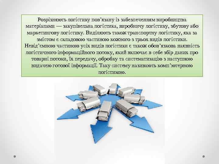 Розрізняють логістику пов’язану із забезпеченням виробництва матеріалами — закупівельна логістика, виробничу логістику, збутову або