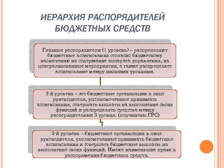 ИЕРАРХИЯ РАСПОРЯДИТЕЛЕЙ БЮДЖЕТНЫХ СРЕДСТВ Главные распорядители (1 уровень) – распределяют бюджетные ассигнования согласно бюджетному