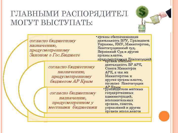 ГЛАВНЫМИ РАСПОРЯДИТЕЛЯМИ МОГУТ ВЫСТУПАТЬ: • органы обеспечивающие деятельность ВРУ, Президента согласно бюджетному Украины, КМУ,