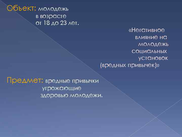 Объект: молодежь в возрасте от 18 до 23 лет. «Негативное влияние на молодежь социальных