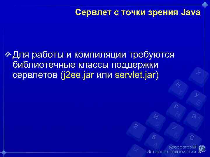 Сервлет с точки зрения Java Для работы и компиляции требуются библиотечные классы поддержки сервлетов