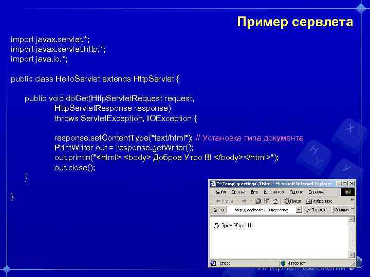 Пример сервлета import javax. servlet. *; import javax. servlet. http. *; import java. io.