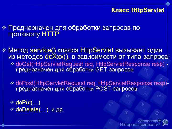 Класс Http. Servlet Предназначен для обработки запросов по протоколу HTTP Метод service() класса Http.