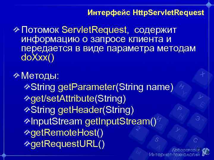 Интерфейс Http. Servlet. Request Потомок Servlet. Request, содержит информацию о запросе клиента и передается