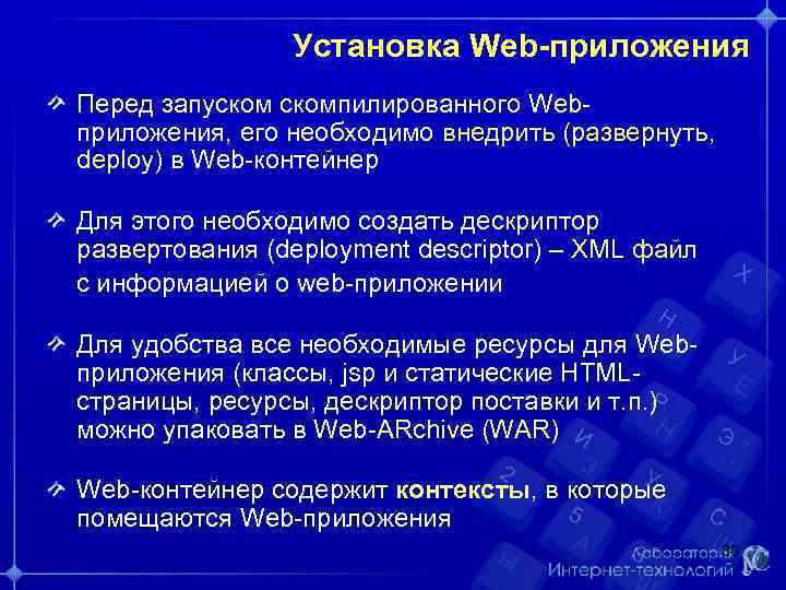 Установка Web-приложения Перед запускомпилированного Webприложения, его необходимо внедрить (развернуть, deploy) в Web-контейнер Для этого